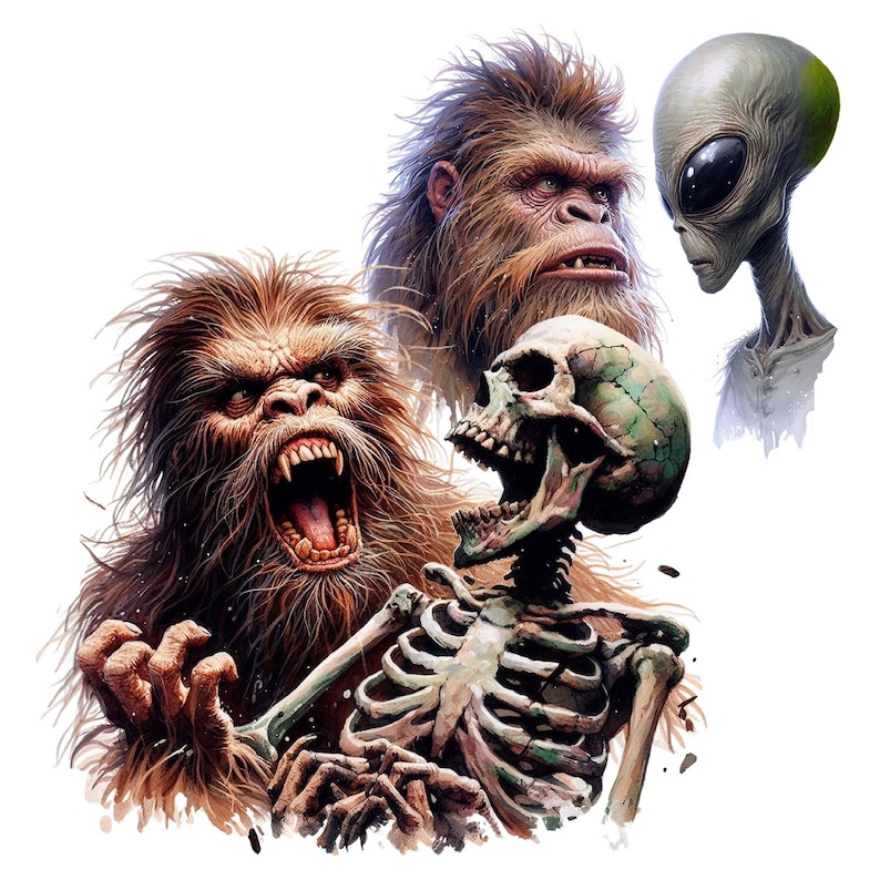 May include: A digital illustration of a skeleton, a Bigfoot, and a grey alien. The skeleton is laughing, the Bigfoot is roaring, and the alien is looking at the viewer.