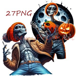 May include: Digital illustration featuring three alien figures with orange beanies and jackets, holding a carved pumpkin and a skull-shaped pumpkin. One alien is smoking a cigarette. The background includes a full moon and the text "27PNG".