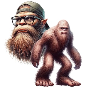 Puede incluir: Una ilustraci&oacute;n digital de un Bigfoot con una gorra de b&eacute;isbol verde con barba marr&oacute;n y un Bigfoot m&aacute;s peque&ntilde;o de pie detr&aacute;s de &eacute;l.