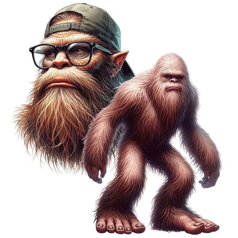 Puede incluir: Una ilustraci&oacute;n digital de un Bigfoot con una gorra de b&eacute;isbol verde con barba marr&oacute;n y un Bigfoot m&aacute;s peque&ntilde;o de pie detr&aacute;s de &eacute;l.