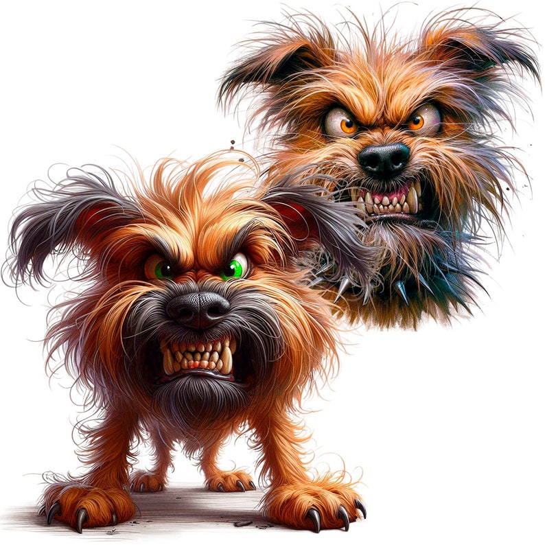 Puede incluir: Una ilustraci&oacute;n de dibujos animados de un perro marr&oacute;n y negro con una expresi&oacute;n feroz. El perro tiene dientes afilados y un pelaje salvaje y peludo. Los ojos del perro son verdes y su nariz es negra.