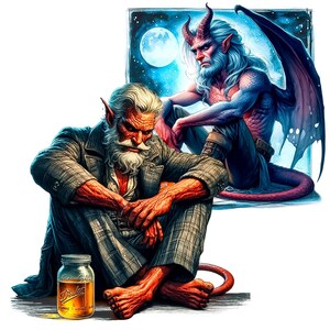 K&ouml;nnte beinhalten: Digitale Illustration von zwei d&auml;monischen Figuren. Eine Figur mit roter Haut, wei&szlig;em Bart und kariertem Anzug sitzt mit einem Glas Fl&uuml;ssigkeit. Die andere, mit blauer Haut, H&ouml;rnern und Fl&uuml;geln, sitzt vor einem mondbeschienenen Fenster. Auf dem Glas steht das Wort "Dudes".