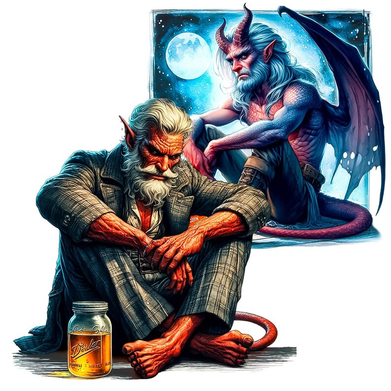 K&ouml;nnte beinhalten: Digitale Illustration von zwei d&auml;monischen Figuren. Eine Figur mit roter Haut, wei&szlig;em Bart und kariertem Anzug sitzt mit einem Glas Fl&uuml;ssigkeit. Die andere, mit blauer Haut, H&ouml;rnern und Fl&uuml;geln, sitzt vor einem mondbeschienenen Fenster. Auf dem Glas steht das Wort "Dudes".