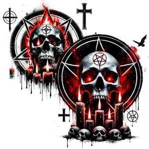 May include: Two black and white skulls with red flames and pentagrams on their foreheads. The skulls are surrounded by black and white circles with pentagrams and crosses. There are black candles with red flames in front of the skulls.