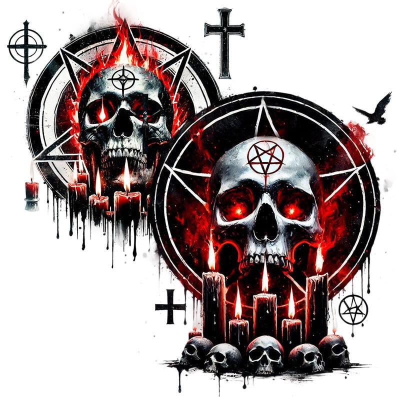 May include: Two black and white skulls with red flames and pentagrams on their foreheads. The skulls are surrounded by black and white circles with pentagrams and crosses. There are black candles with red flames in front of the skulls.