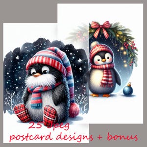 Pingüino de Navidad, tarjeta de pingüino, pingüino de Papá Noel, tarjetas navideñas divertidas, Papá Noel de Navidad, dibujos para tus proyectos creativos, 25 jpeg + bonus