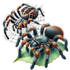 Pode incluir: Duas tar&acirc;ntulas, uma com um corpo estampado em branco e preto e pernas laranja, a outra com um corpo azul e preto e pernas laranja, em uma folha verde.