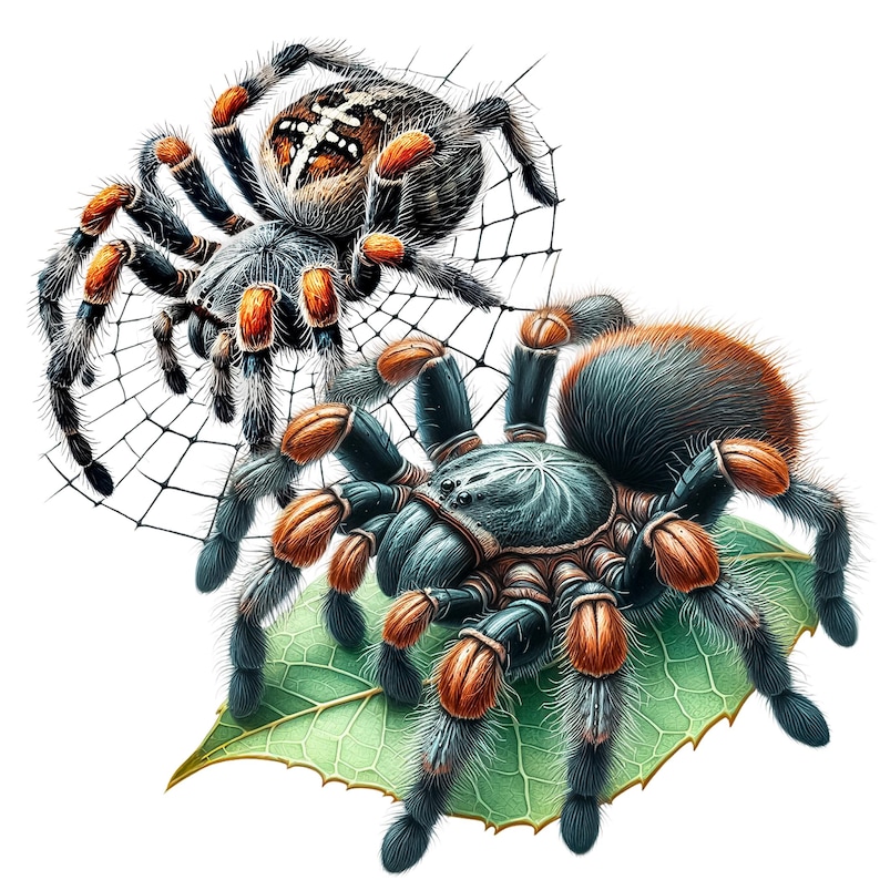 Pode incluir: Duas tar&acirc;ntulas, uma com um corpo estampado em branco e preto e pernas laranja, a outra com um corpo azul e preto e pernas laranja, em uma folha verde.