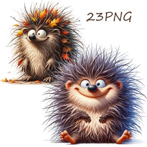 May include: Two cartoon hedgehogs with big smiles and spiky fur. The hedgehog on the left has orange and brown leaves in its fur. The hedgehog on the right has gray fur.