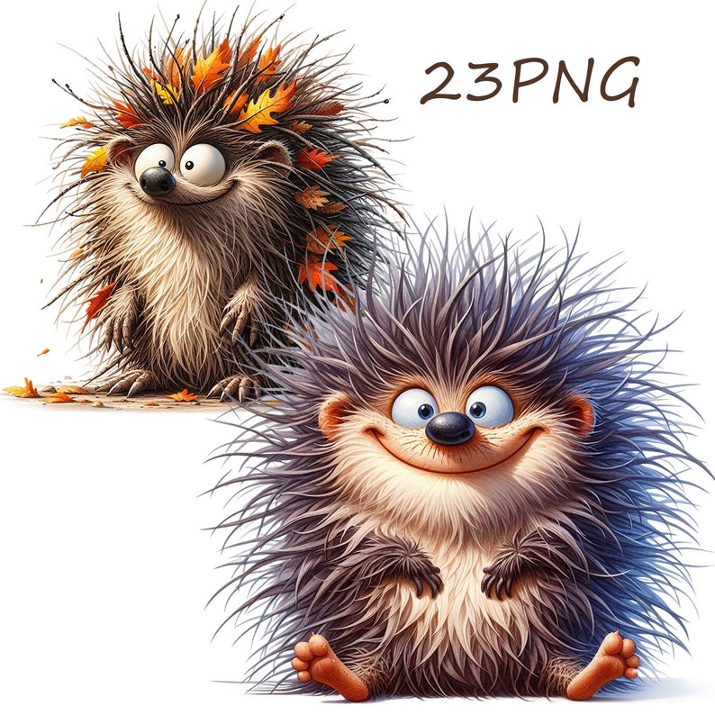 May include: Two cartoon hedgehogs with big smiles and spiky fur. The hedgehog on the left has orange and brown leaves in its fur. The hedgehog on the right has gray fur.