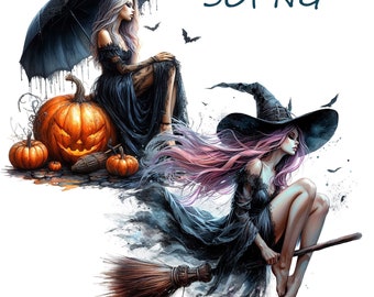 Halloween Witches PNG Clipart: Magic Fantasy, 30 Transparent Backgrounds (Digital Download
