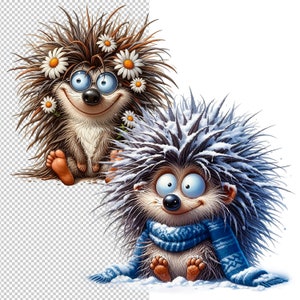 May include: Two cartoon hedgehogs, one with a brown and white spiky coat and a flower crown, the other with a gray and white spiky coat and a blue scarf. Both hedgehogs have big blue eyes and are smiling.