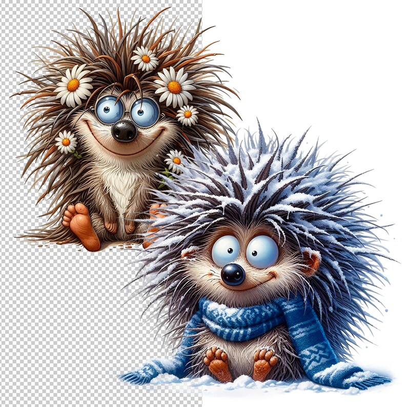 May include: Two cartoon hedgehogs, one with a brown and white spiky coat and a flower crown, the other with a gray and white spiky coat and a blue scarf. Both hedgehogs have big blue eyes and are smiling.