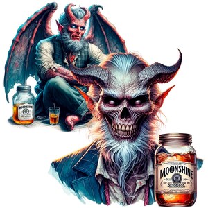 K&ouml;nnte beinhalten: Eine Illustration mit einer d&auml;monischen Figur mit H&ouml;rnern, Fl&uuml;geln und einem langen wei&szlig;en Bart. Das Bild enth&auml;lt zwei Einmachgl&auml;ser mit Moonshine, eines mit der Aufschrift "Moonshine Datorsol". Ein Glas bernsteinfarbener Fl&uuml;ssigkeit ist ebenfalls vorhanden.