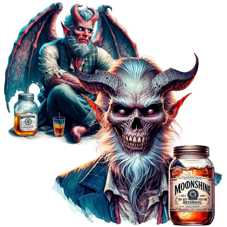 K&ouml;nnte beinhalten: Eine Illustration mit einer d&auml;monischen Figur mit H&ouml;rnern, Fl&uuml;geln und einem langen wei&szlig;en Bart. Das Bild enth&auml;lt zwei Einmachgl&auml;ser mit Moonshine, eines mit der Aufschrift "Moonshine Datorsol". Ein Glas bernsteinfarbener Fl&uuml;ssigkeit ist ebenfalls vorhanden.