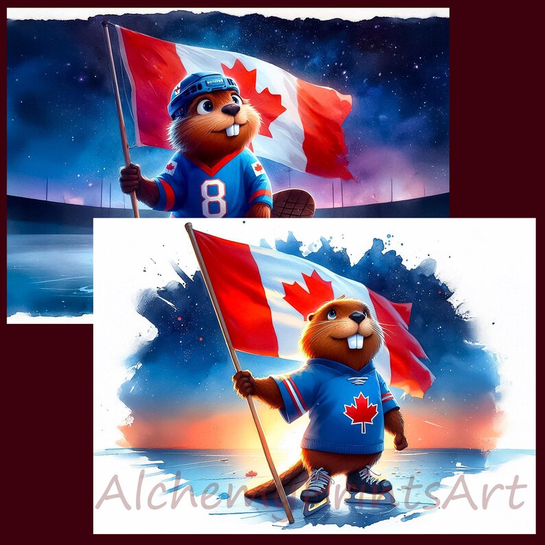 Puede incluir: Un castor de dibujos animados con un jersey de hockey azul con el n&uacute;mero 8, sosteniendo una bandera canadiense. El castor est&aacute; de pie sobre una superficie nevada con un cielo estrellado en el fondo.