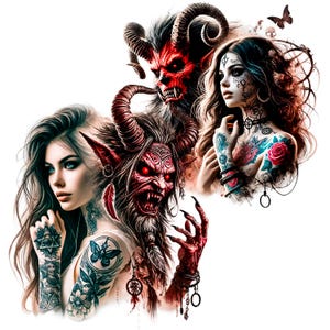 May include: A digital illustration of three figures with demonic features. A woman with long black hair and a red and black horned demon with red eyes. A second demon with red eyes and horns is partially visible behind the woman. All three figures have intricate tattoos.