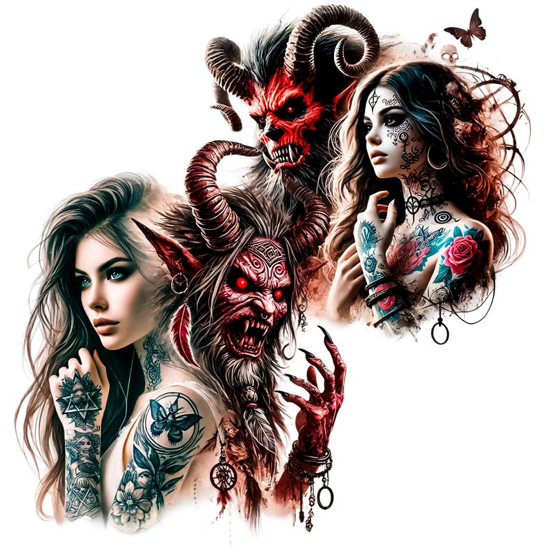 May include: A digital illustration of three figures with demonic features. A woman with long black hair and a red and black horned demon with red eyes. A second demon with red eyes and horns is partially visible behind the woman. All three figures have intricate tattoos.