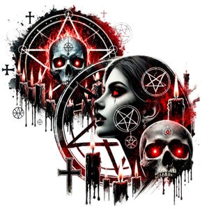 May include: A black and white illustration of a woman's face with red eyes, surrounded by pentagrams, skulls, and burning candles. The image has a dark and gothic aesthetic.