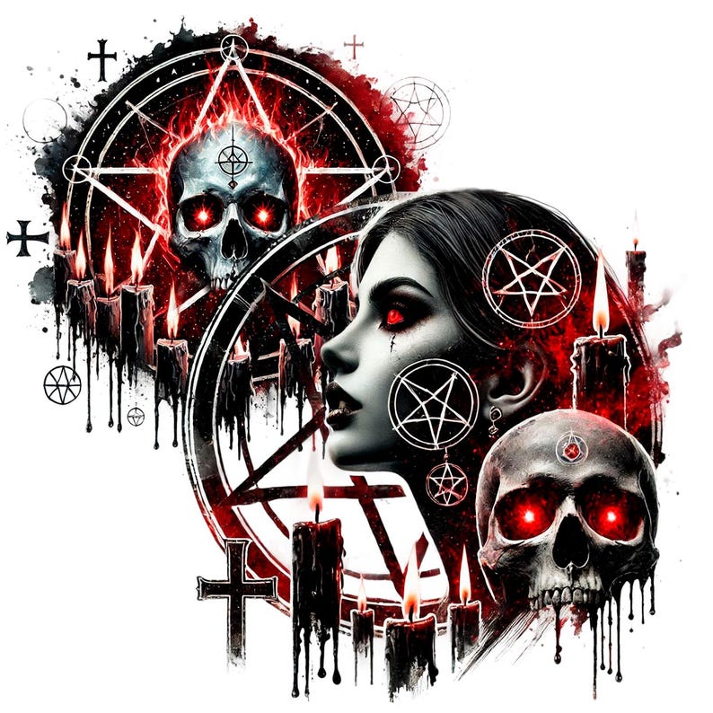 May include: A black and white illustration of a woman's face with red eyes, surrounded by pentagrams, skulls, and burning candles. The image has a dark and gothic aesthetic.