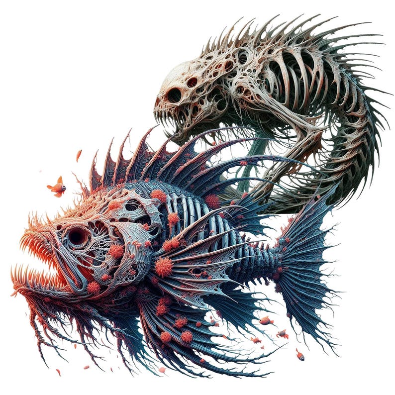 Op de afbeelding: Een gedetailleerde, skeletachtige 3D-illustratie van een vis met een beenderig, skeletachtig 3D-wezen erop. De vis is blauw en rood, en het wezen is wit en grijs.