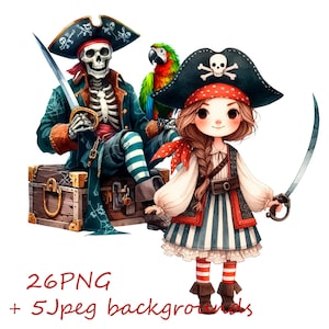 Whimsical Pirate Drawing PNG, Funny Girl Pirate, Pirate PNG, Use for Your Creative Projects, 26 PNG with Transparent Background + 5 Jpeg