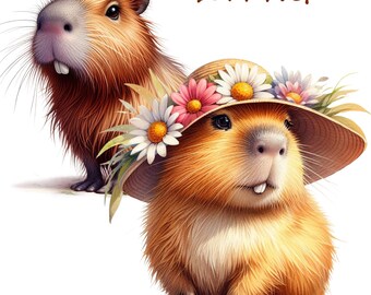 Capybara PNG Clipart Set, Floral Hat, Transparent Background (Digital Download)