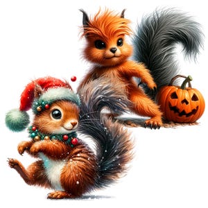 Puede incluir: Dos ardillas de dibujos animados, una con un gorro de Pap&aacute; Noel y una guirnalda verde, la otra con una cola naranja esponjosa y una cola negra, de pie junto a una calabaza de Halloween.