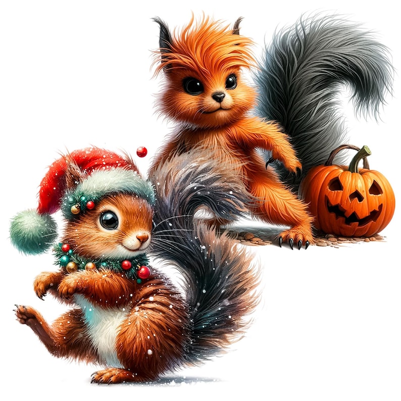 Puede incluir: Dos ardillas de dibujos animados, una con un gorro de Pap&aacute; Noel y una guirnalda verde, la otra con una cola naranja esponjosa y una cola negra, de pie junto a una calabaza de Halloween.