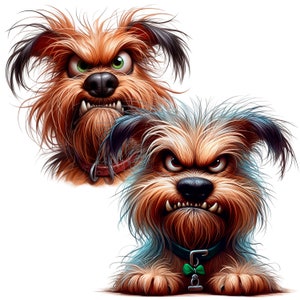 Puede incluir: Dos perros de dibujos animados con pelaje marr&oacute;n desgre&ntilde;ado y expresiones de enojo. Ambos perros llevan collares. El perro de la izquierda tiene ojos verdes y un collar rojo. El perro de la derecha tiene ojos marrones y un collar negro con una pajarita verde.