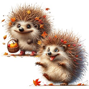 May include: Two brown hedgehogs with autumn leaves in their quills. One hedgehog is carrying a basket of small pumpkins and apples. The other hedgehog is smiling with its tongue sticking out.