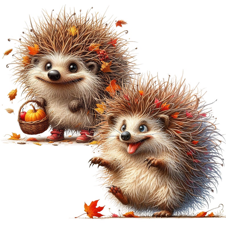 May include: Two brown hedgehogs with autumn leaves in their quills. One hedgehog is carrying a basket of small pumpkins and apples. The other hedgehog is smiling with its tongue sticking out.