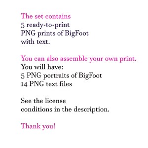 K&ouml;nnte beinhalten: Rosa Text auf wei&szlig;em Hintergrund. Der Text lautet: "Das Set enth&auml;lt 5 druckfertige PNG-Drucke von BigFoot mit Text. Sie k&ouml;nnen auch Ihren eigenen Druck zusammenstellen. Sie haben: 5 PNG-Portr&auml;ts von BigFoot, 14 PNG-Textdateien."