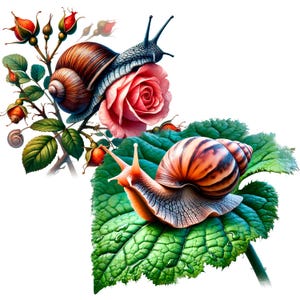 Puede incluir: Dos caracoles, uno con una concha marr&oacute;n y el otro con una concha rayada marr&oacute;n y naranja, se muestran sobre un fondo blanco. El caracol con la concha marr&oacute;n est&aacute; arrastr&aacute;ndose sobre una rosa rosa, mientras que el otro caracol est&aacute; arrastr&aacute;ndose sobre una hoja verde.