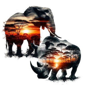 May include: A black and white silhouette of an elephant and rhinoceros with a sunset and trees superimposed over them.