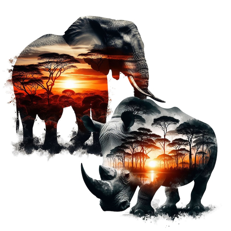 May include: A black and white silhouette of an elephant and rhinoceros with a sunset and trees superimposed over them.
