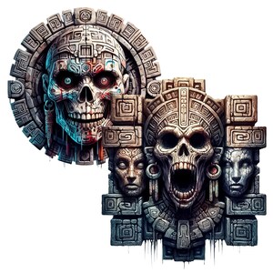 Pode incluir: Dois cr&acirc;nios de pedra talhados com desenhos intrincados. O cr&acirc;nio &agrave; esquerda &eacute; azul, vermelho e branco, enquanto o cr&acirc;nio &agrave; direita &eacute; cinza e tem a boca aberta. Ambos os cr&acirc;nios s&atilde;o cercados por padr&otilde;es geom&eacute;tricos ornamentados.