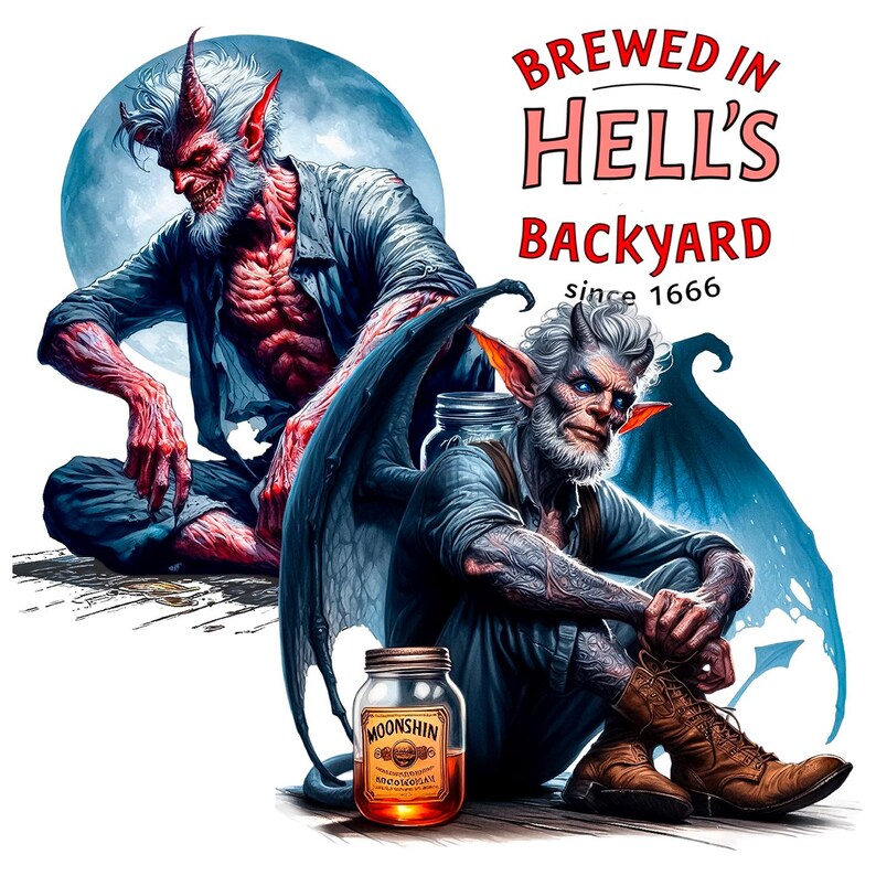 K&ouml;nnte beinhalten: Digitale Illustration von zwei d&auml;monischen Figuren mit H&ouml;rnern und Fl&uuml;geln. Eine Figur sitzt vor einem Vollmond. Die andere Figur sitzt neben einem Einmachglas mit Moonshine. Der Text lautet "Brewed in Hell's Backyard since 1666."