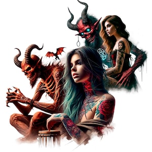 May include: A digital illustration of three figures, two of which are red demons with horns and a third figure is a woman with tattoos and long blue hair. The woman is holding a small, wooden object in her hand.