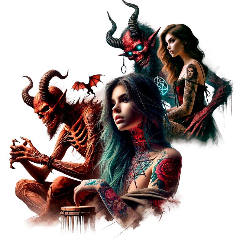 May include: A digital illustration of three figures, two of which are red demons with horns and a third figure is a woman with tattoos and long blue hair. The woman is holding a small, wooden object in her hand.