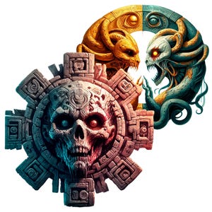 Pode incluir: Uma ilustra&ccedil;&atilde;o detalhada de uma caveira com um esquema de cores azul e vermelho, cercada por uma moldura circular de pedra com entalhes intrincados. A caveira &eacute; colocada sobre um fundo de duas cobras entrela&ccedil;adas, uma amarela e outra verde, com uma moldura circular acima.