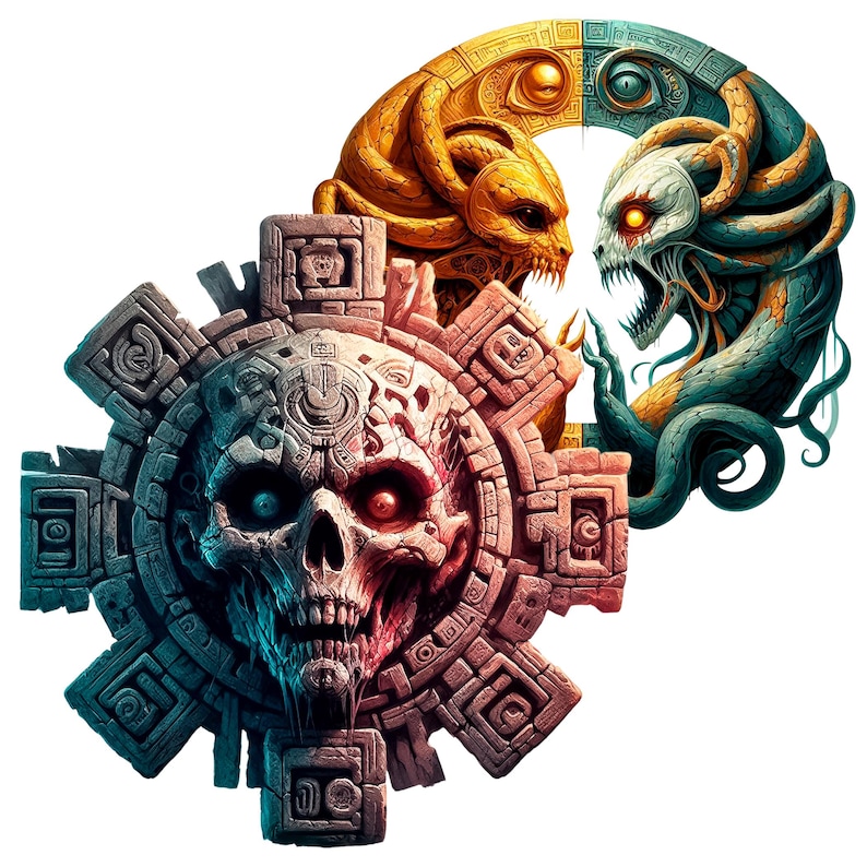 Pode incluir: Uma ilustra&ccedil;&atilde;o detalhada de uma caveira com um esquema de cores azul e vermelho, cercada por uma moldura circular de pedra com entalhes intrincados. A caveira &eacute; colocada sobre um fundo de duas cobras entrela&ccedil;adas, uma amarela e outra verde, com uma moldura circular acima.