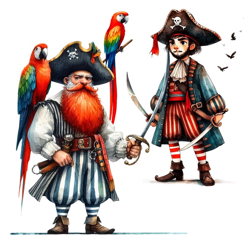 May include: Two cartoon pirates, one with a red beard and a parrot on his shoulder, the other with a striped shirt and a skull and crossbones on his hat. Both are holding swords.