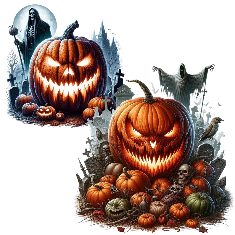 May include: Two Halloween-themed images featuring carved pumpkins with menacing grins. The first image shows a large pumpkin with a skeletal figure in the background. The second image shows a large pumpkin surrounded by smaller pumpkins and skulls in a graveyard setting.
