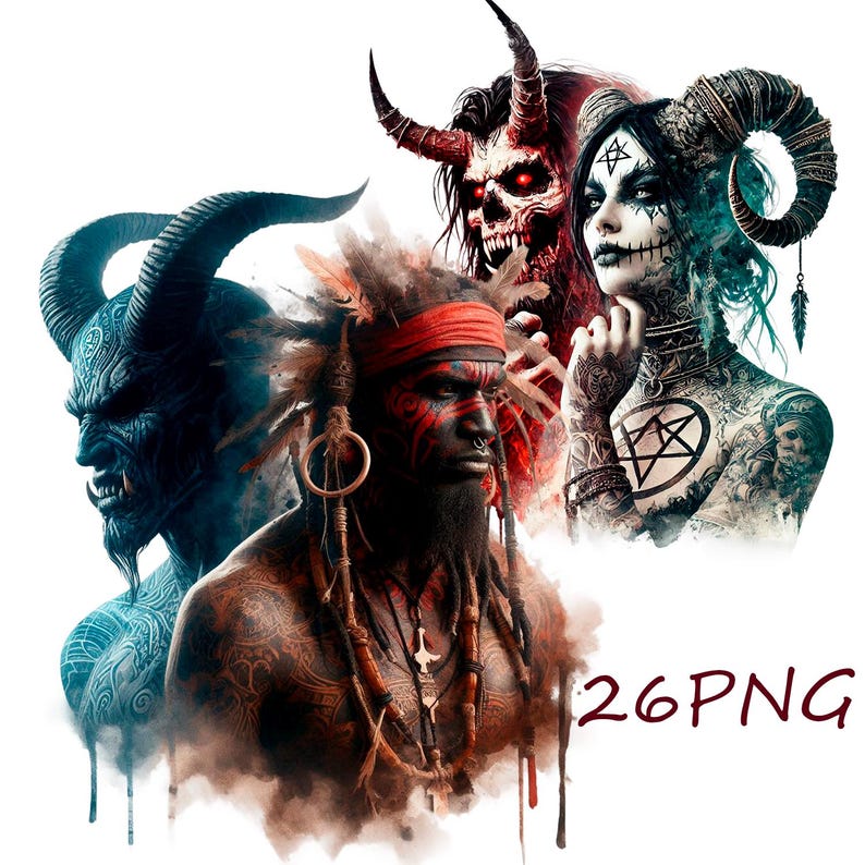 May include: A digital illustration of three figures with horns and painted faces. The figures are a red demon, a blue demon, and a person with red and black paint on their face. The background is white.