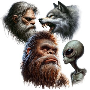 May include: A digital illustration of four mythical creatures: a werewolf, a Bigfoot, a grey alien, and a bearded man with long white hair.