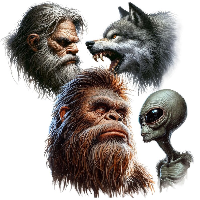 May include: A digital illustration of four mythical creatures: a werewolf, a Bigfoot, a grey alien, and a bearded man with long white hair.