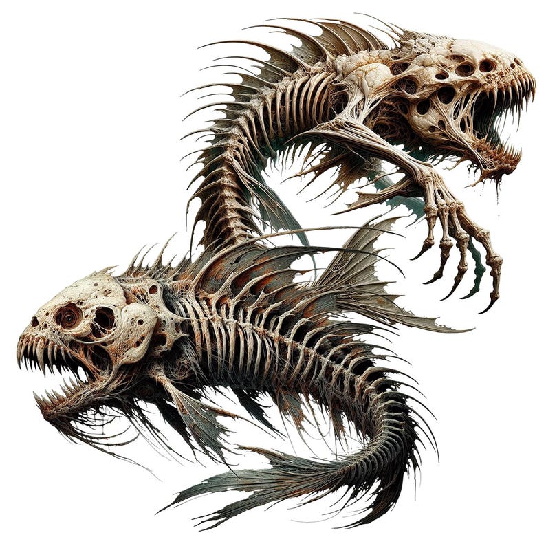 Op de afbeelding: Een skeletvis met een lange, beenderige staart en een grote, gapende bek. De vis is opgerold, met zijn kop en staart die elkaar raken. De vis is donkergrijs van kleur, met wat zichtbare witte botten.