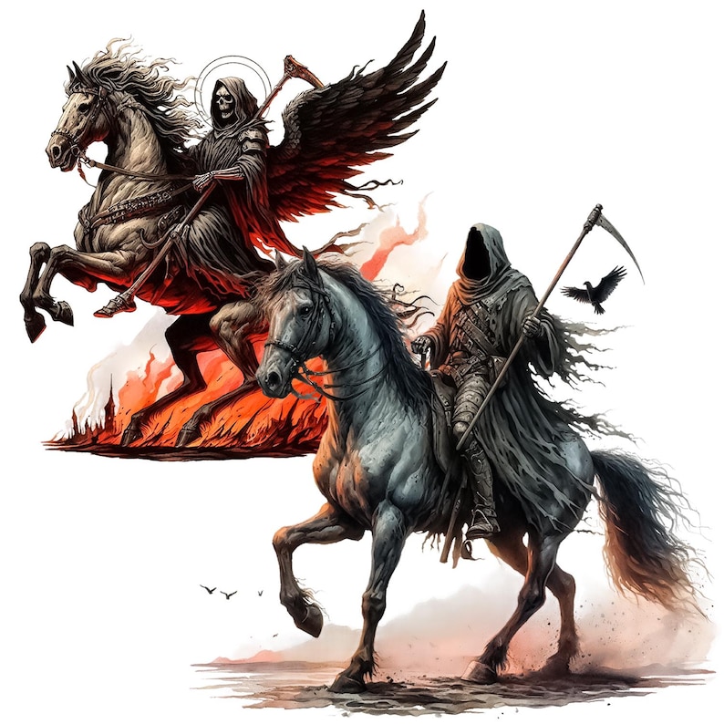 K&ouml;nnte beinhalten: Zwei skelettartige Gestalten, jede auf einem wei&szlig;en Pferd reitend, sind in einer dramatischen Illustration dargestellt. Eine Gestalt tr&auml;gt eine Kapuzenrobe und h&auml;lt eine Sense, w&auml;hrend die andere Fl&uuml;gel und einen Heiligenschein hat. Die Pferde sind im Galopp, mit Flammen und Rauch, die um sie herum wirbeln.