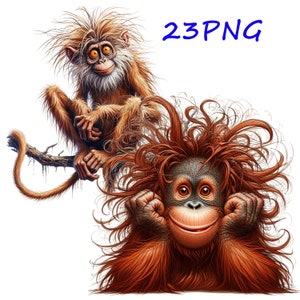 May include: Two monkeys with long, fluffy fur. The monkey on the left is sitting on a branch and has brown fur. The monkey on the right has red fur and is sitting with its hands on its cheeks. Both monkeys have big, round eyes and are smiling.